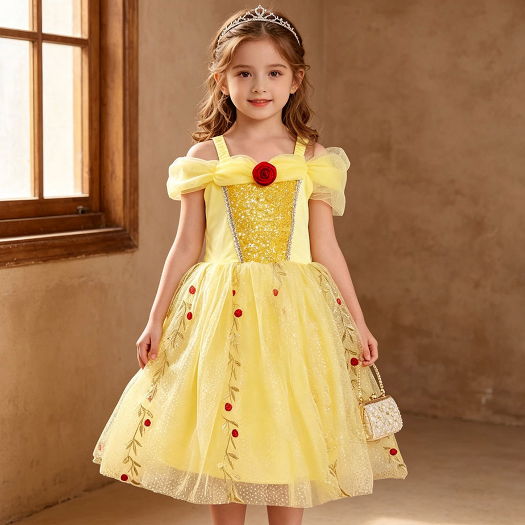 Golden Petal Princess Dress – Enchanting Yellow Floral Mesh Gown for Girls