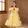 Golden Petal Princess Dress – Enchanting Yellow Floral Mesh Gown for Girls