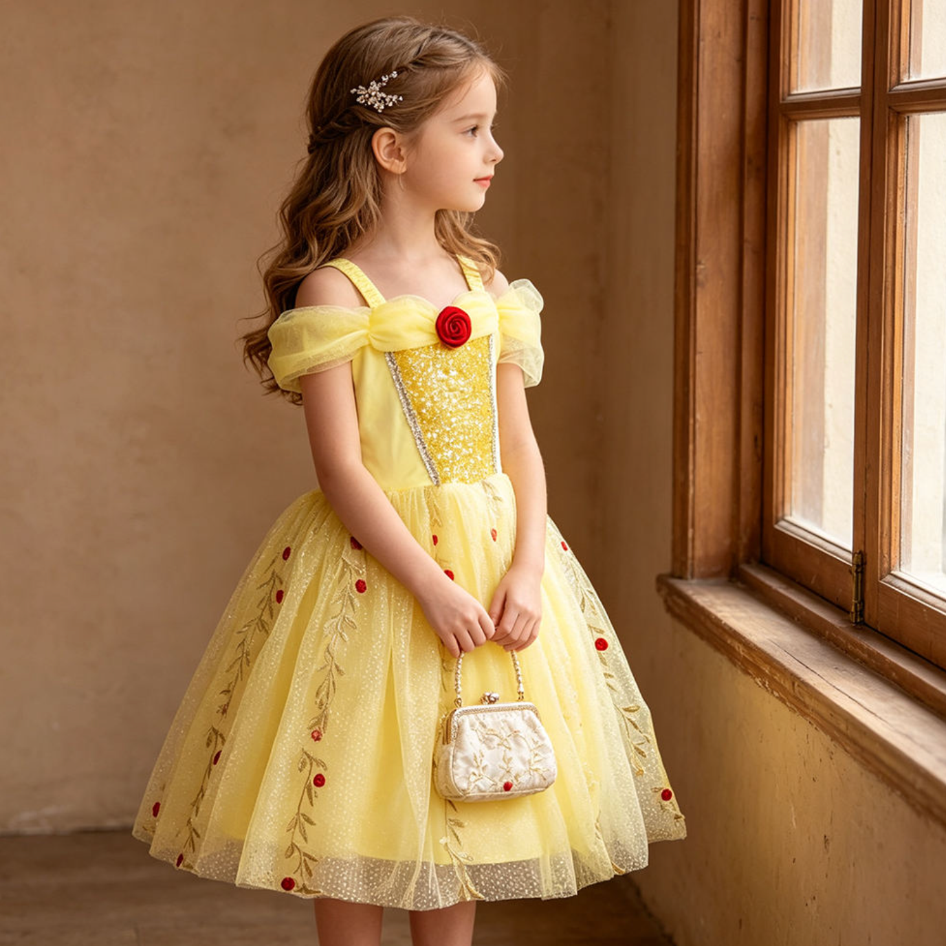Golden Petal Princess Dress – Enchanting Yellow Floral Mesh Gown for Girls