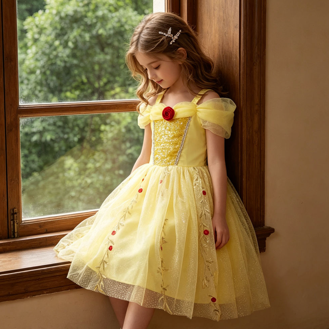 Golden Petal Princess Dress – Enchanting Yellow Floral Mesh Gown for Girls