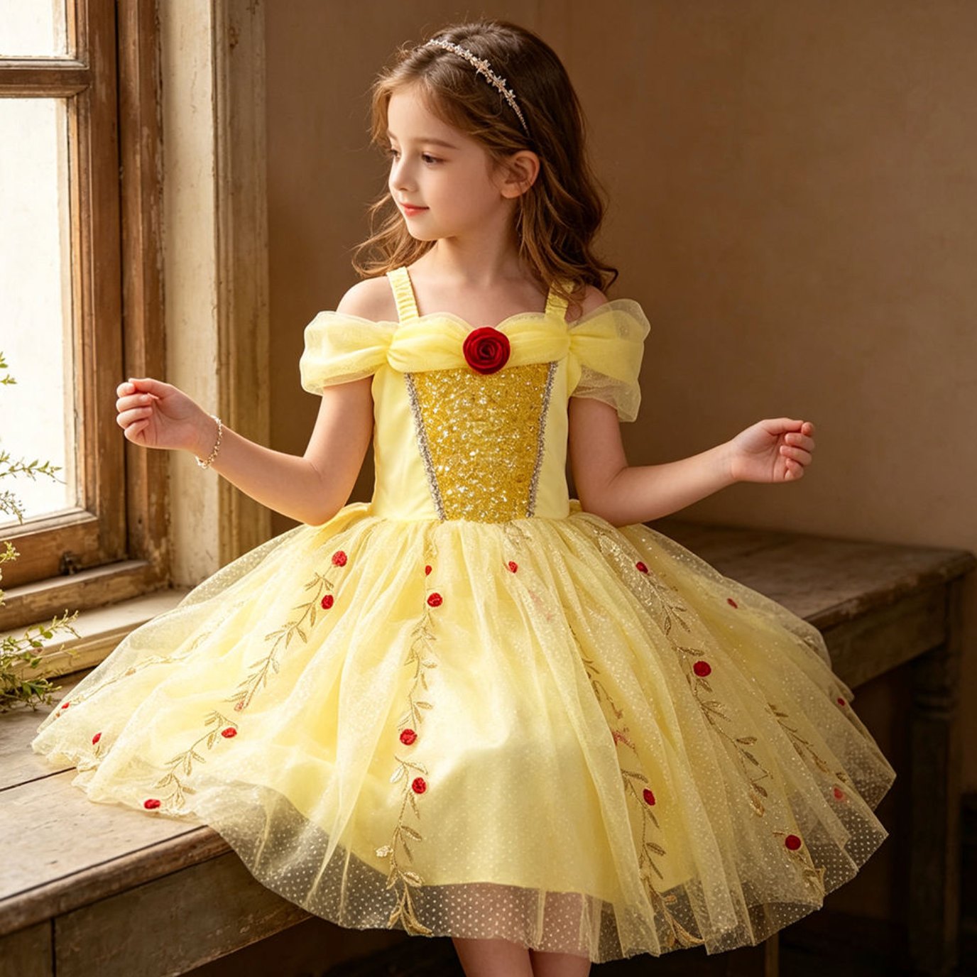 Golden Petal Princess Dress – Enchanting Yellow Floral Mesh Gown for Girls
