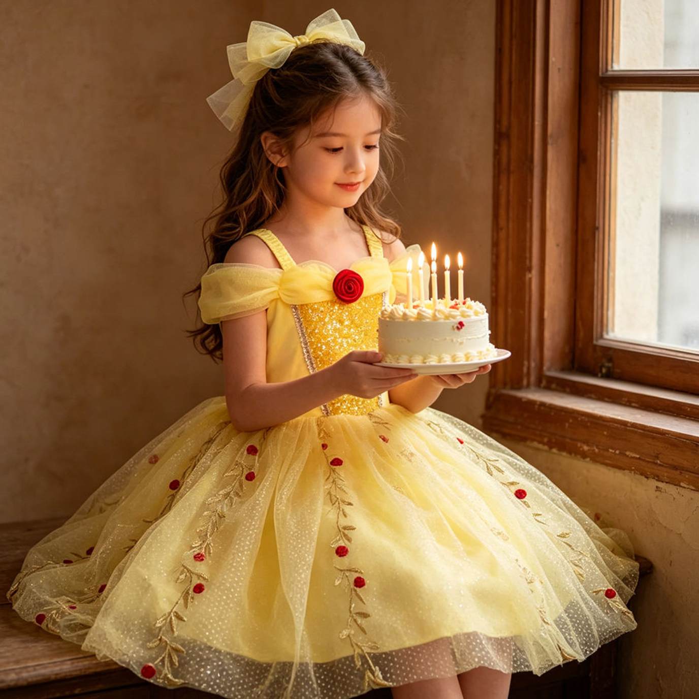 Golden Petal Princess Dress – Enchanting Yellow Floral Mesh Gown for Girls