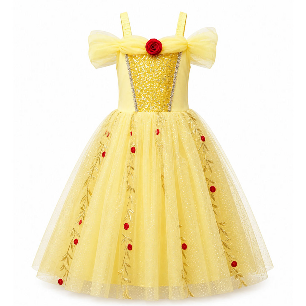 Golden Petal Princess Dress – Enchanting Yellow Floral Mesh Gown for Girls
