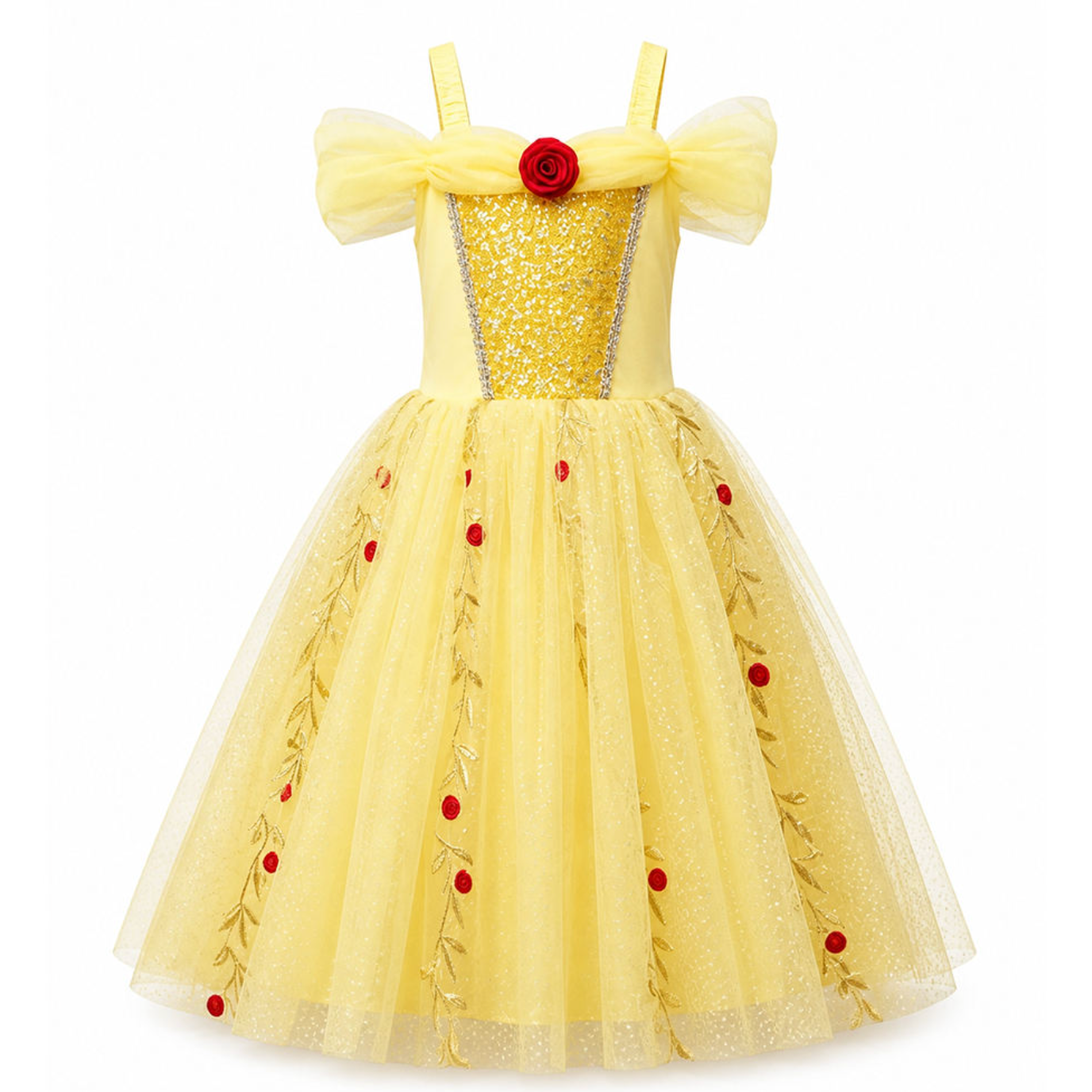 Golden Petal Princess Dress – Enchanting Yellow Floral Mesh Gown for Girls