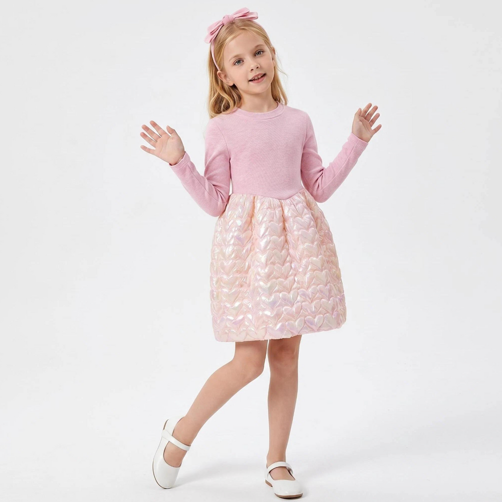 Rosé Heart Princess Dress – Iridescent Quilted Party Dress for Girls