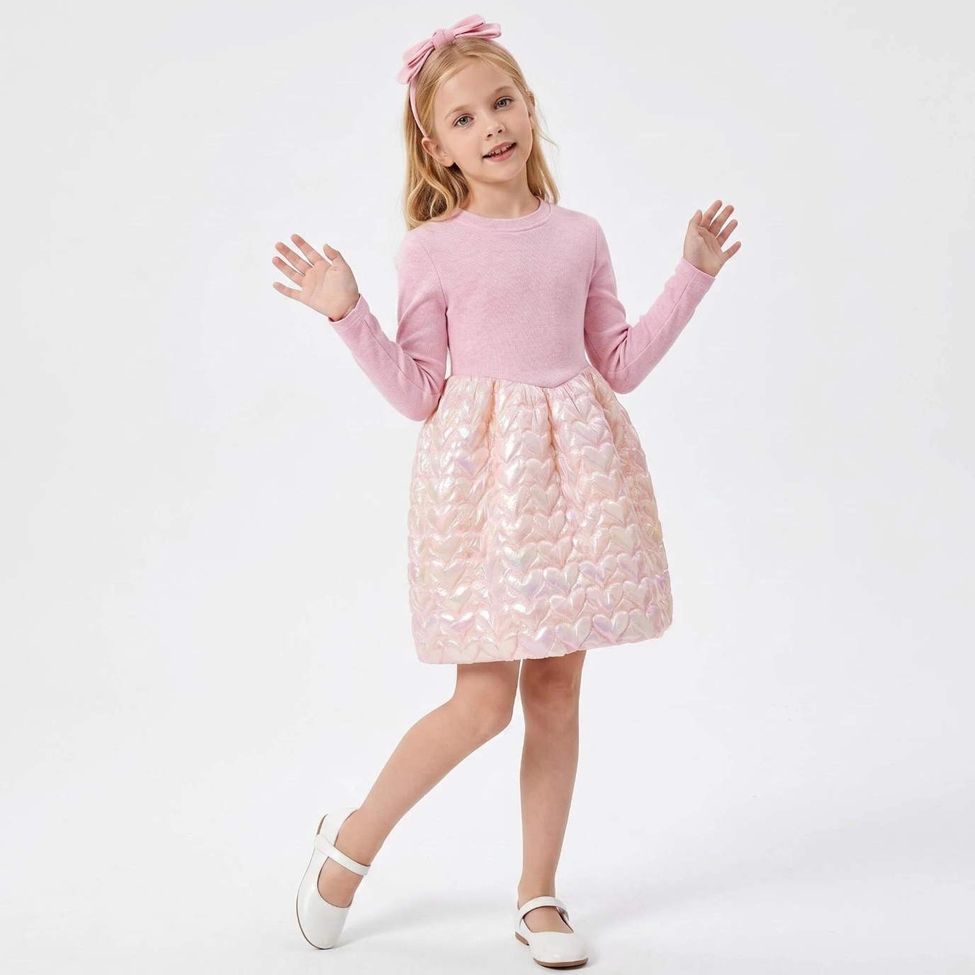 Rosé Heart Princess Dress – Iridescent Quilted Party Dress for Girls