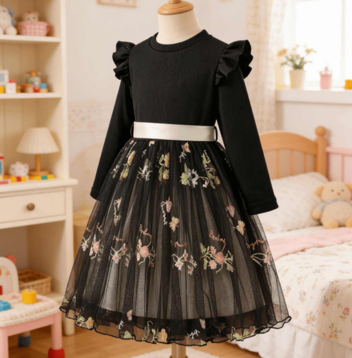 Florabelle Ruffle Dress – Enchanting Floral Long-Sleeve Dress for Girls