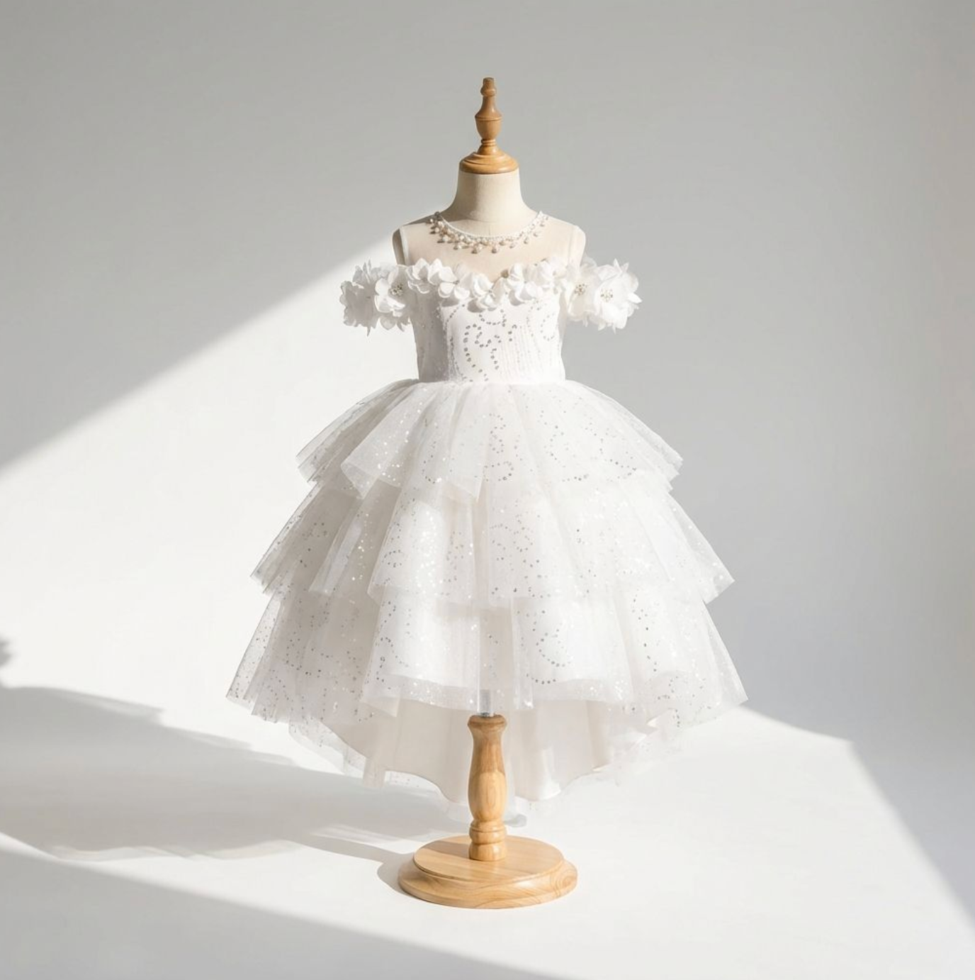 Rosé Petal Elegance Dress – Off-Shoulder 3D Floral High-Low Gown for Girls
