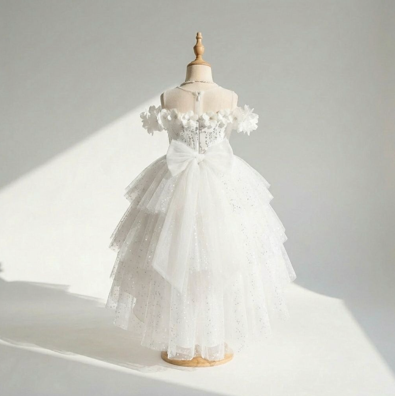 Rosé Petal Elegance Dress – Off-Shoulder 3D Floral High-Low Gown for Girls