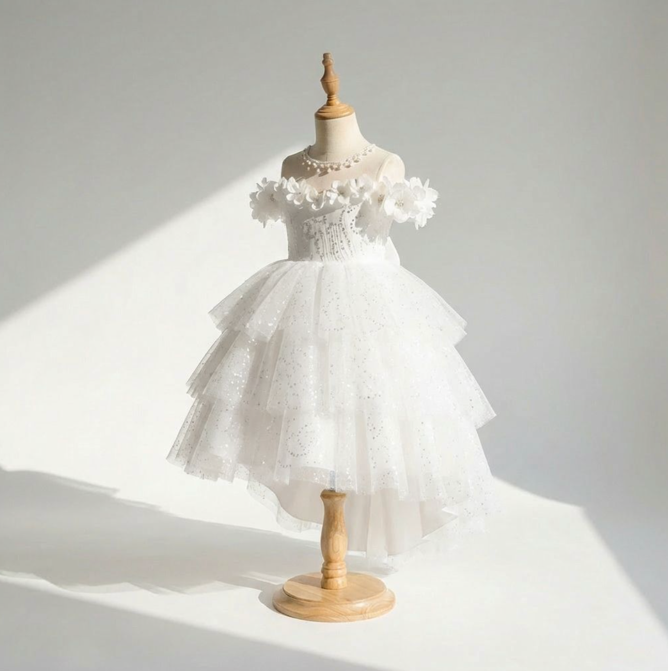 Rosé Petal Elegance Dress – Off-Shoulder 3D Floral High-Low Gown for Girls